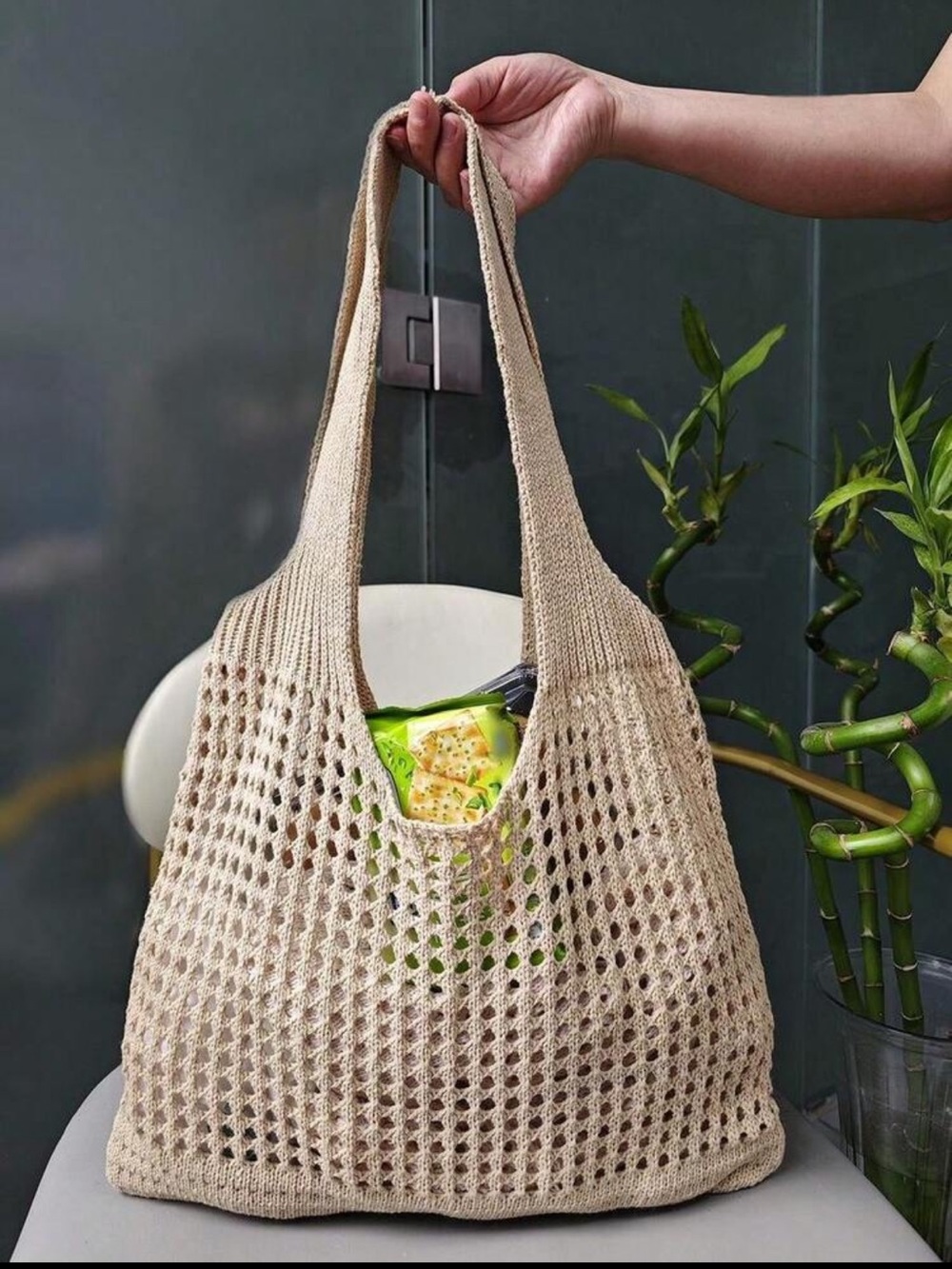 Beige Crochet Net Shopper Bag - Lightweight Market Tote
